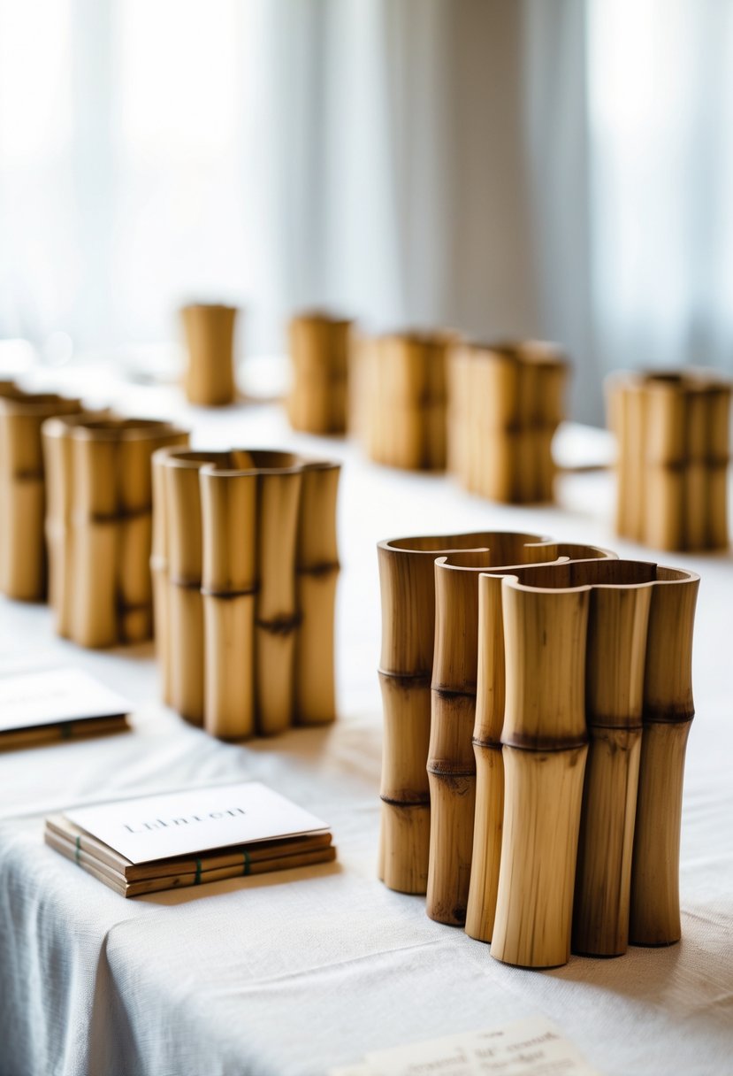 A wedding table with bamboo place card holders arranged on a white tablecloth.