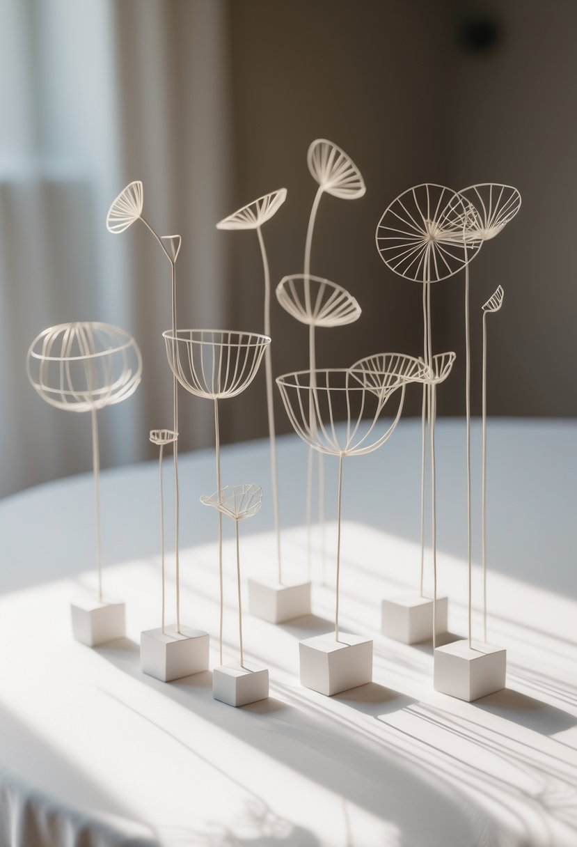 Thin wireframe sculptures arranged on a white table as wedding decorations.