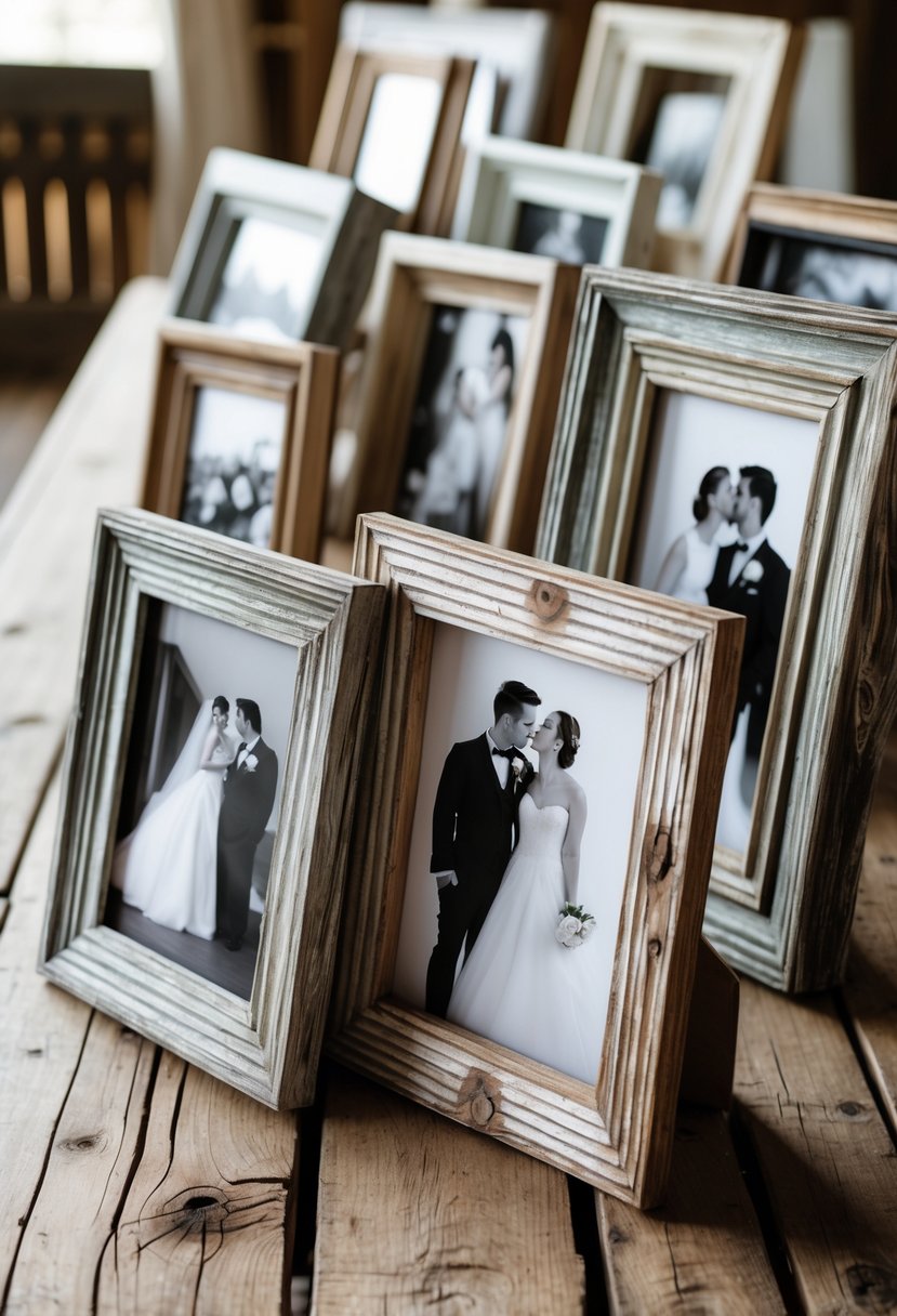 A collection of distressed wooden picture frames with black-and-white wedding photos arranged on a wooden table.