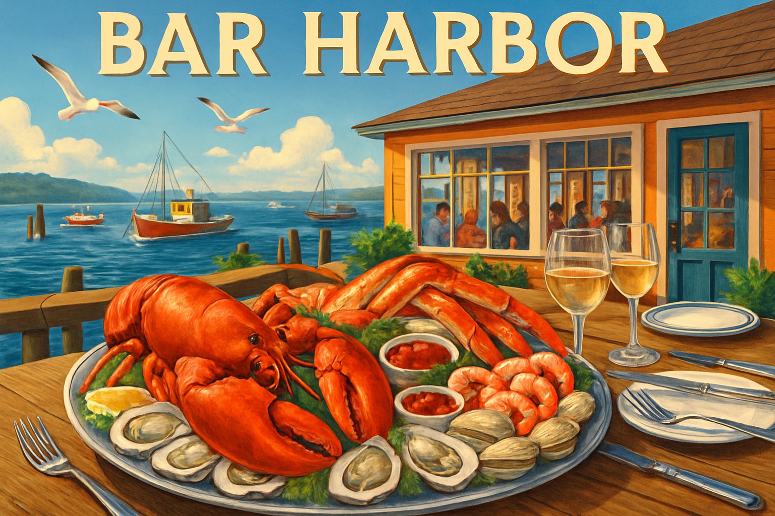 A seafood platter with lobster, crab, oysters, shrimp, and clams on a table by a seaside restaurant overlooking the ocean and harbor boats.