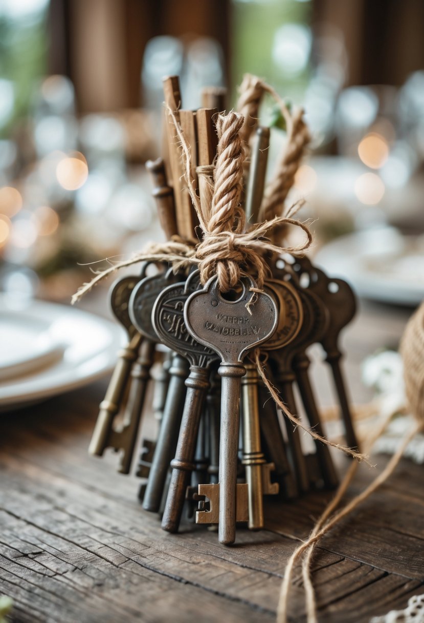 Close-up of vintage metal keys tied with twine placed on a wooden surface as wedding table décor.