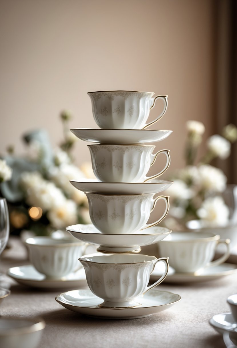 Stacked vintage porcelain tea cups arranged on a wedding table without flowers.