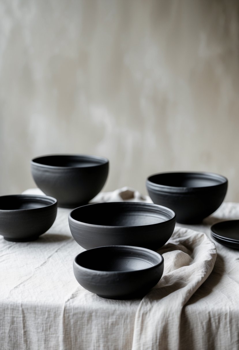 A wedding table set with handmade black clay bowls on a neutral linen tablecloth without any flowers.