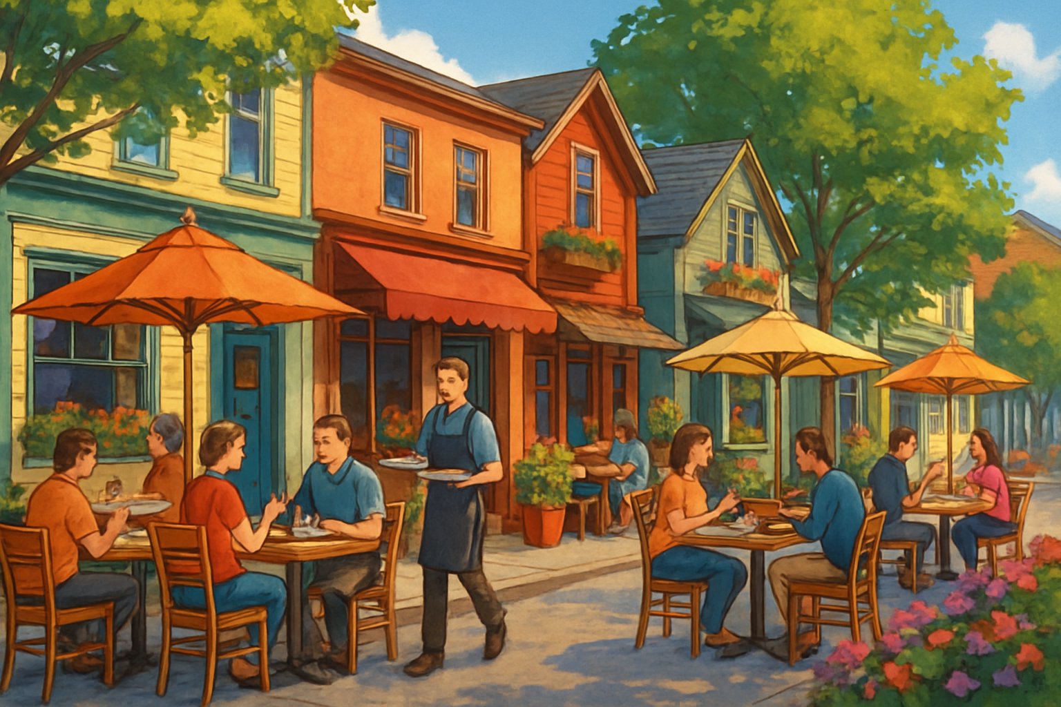 A lively street scene in Bar Harbor with people dining outdoors at casual eateries and cafés surrounded by trees and flowers.