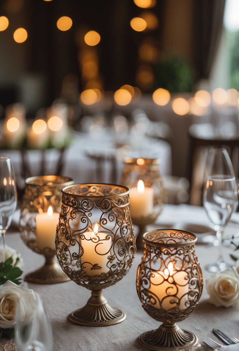 A wedding table with intricately designed metal candle holders holding lit candles, creating a warm and romantic atmosphere without any flowers.