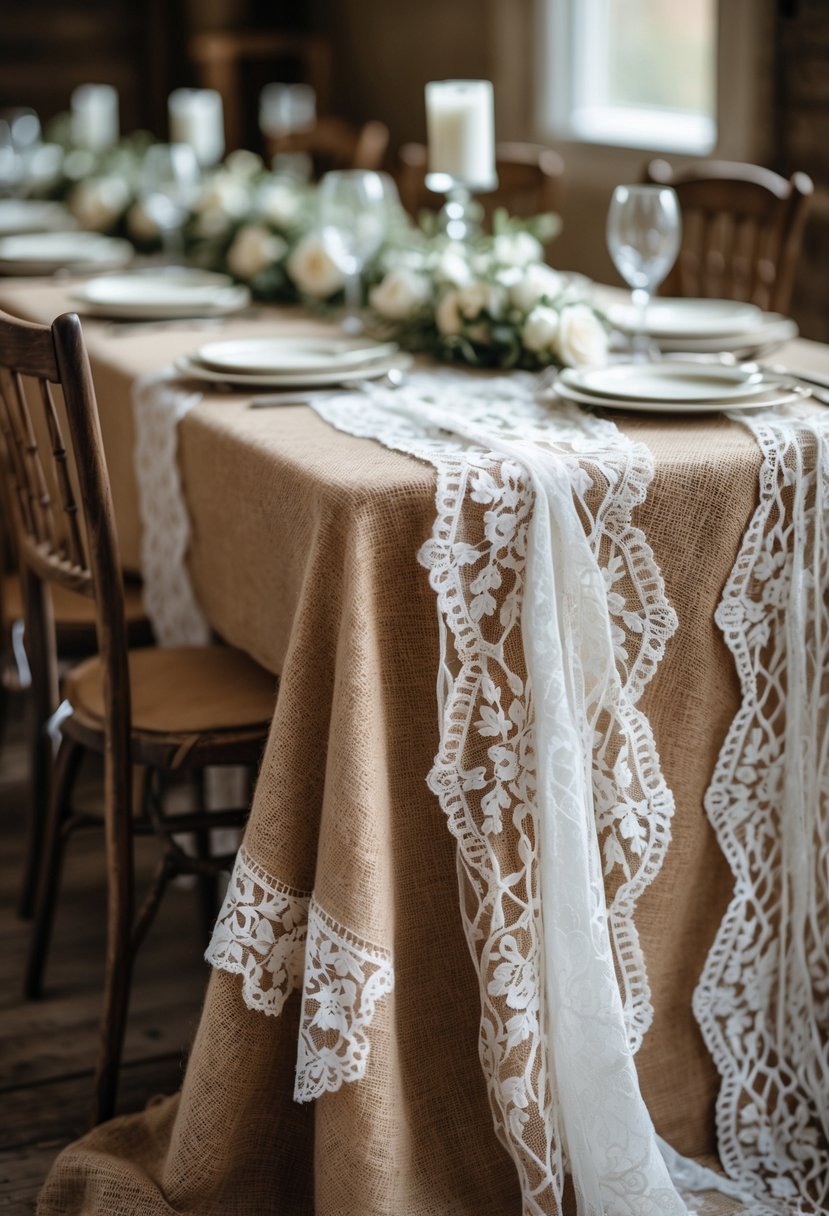 A rustic wedding table with a burlap tablecloth and white lace overlays, set with vintage-style plates and glassware.