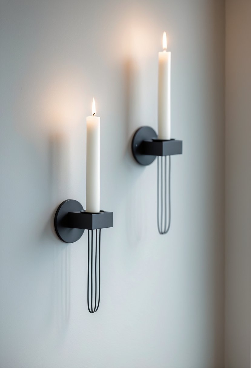 A set of modern wire candle sconces holding white taper candles mounted on a light-colored wall.