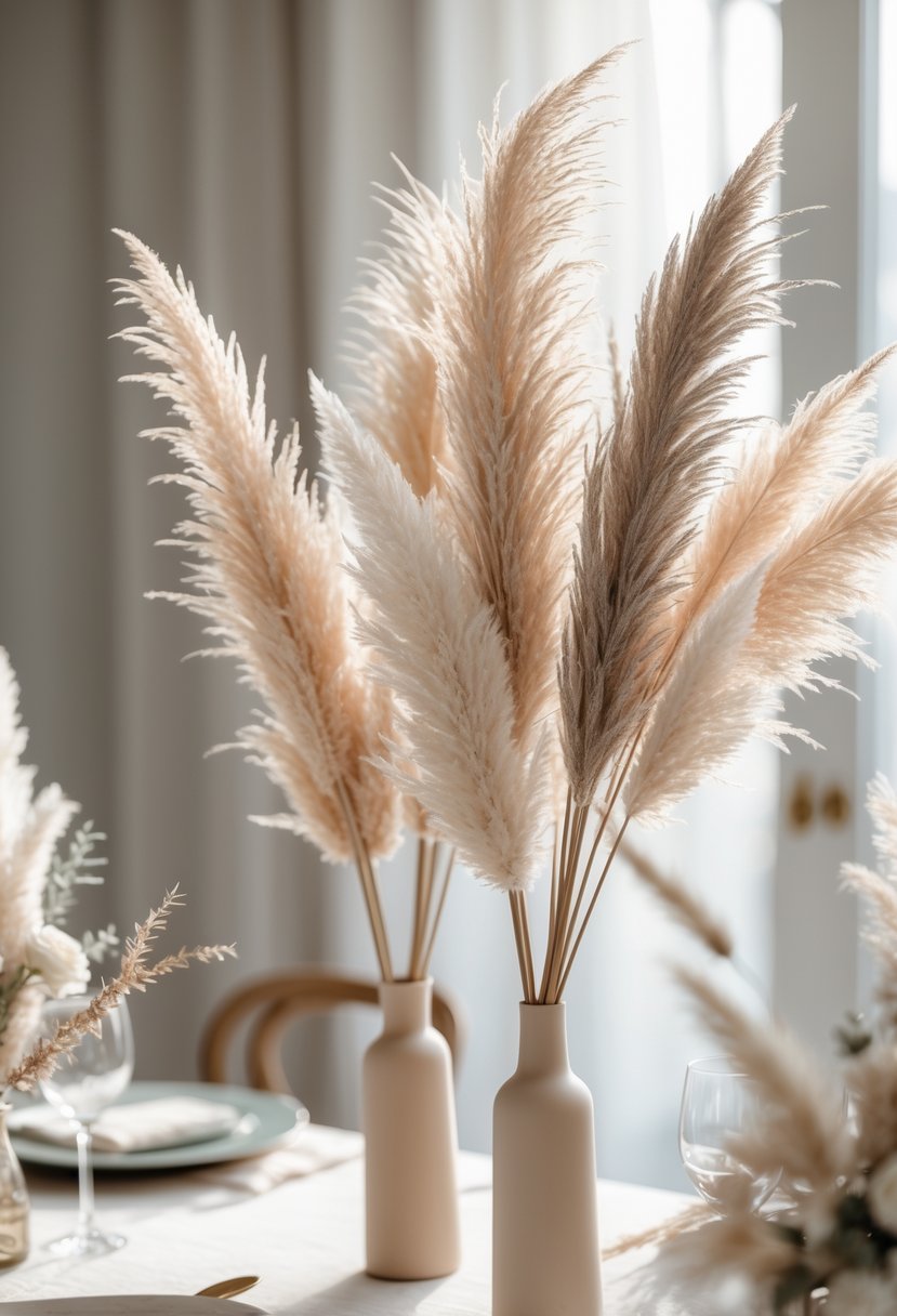 A wedding table decorated with bunches of dried pampas grass in vases, creating a warm and inviting centerpiece.