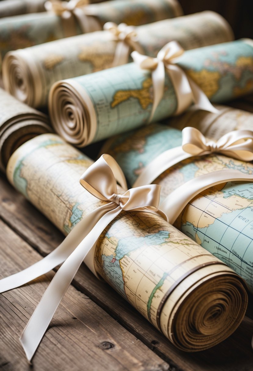 Several rolled vintage maps tied with ribbons arranged on a wooden table as wedding décor.