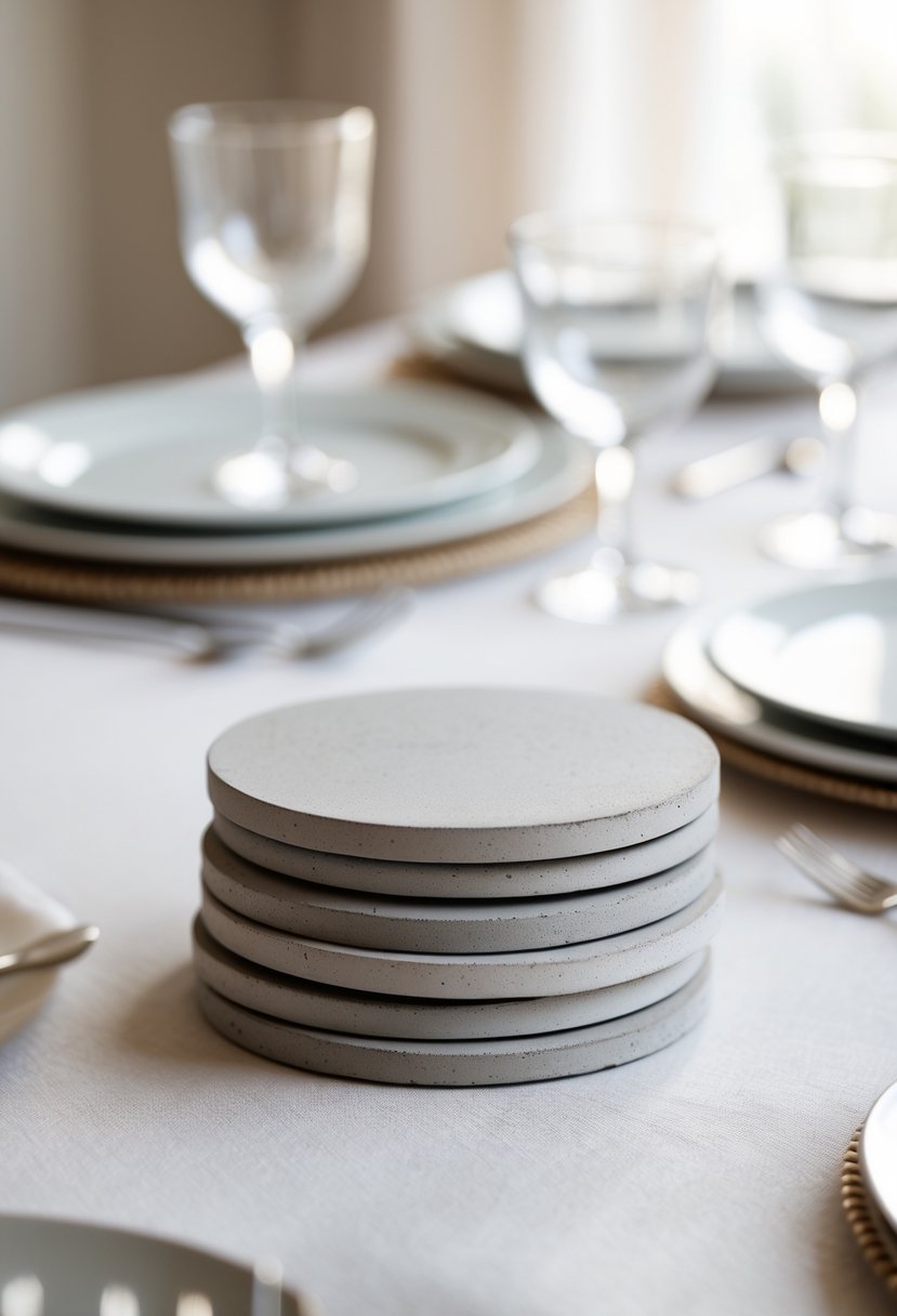 Stacked smooth concrete coasters on a wedding table set with white plates and glassware.