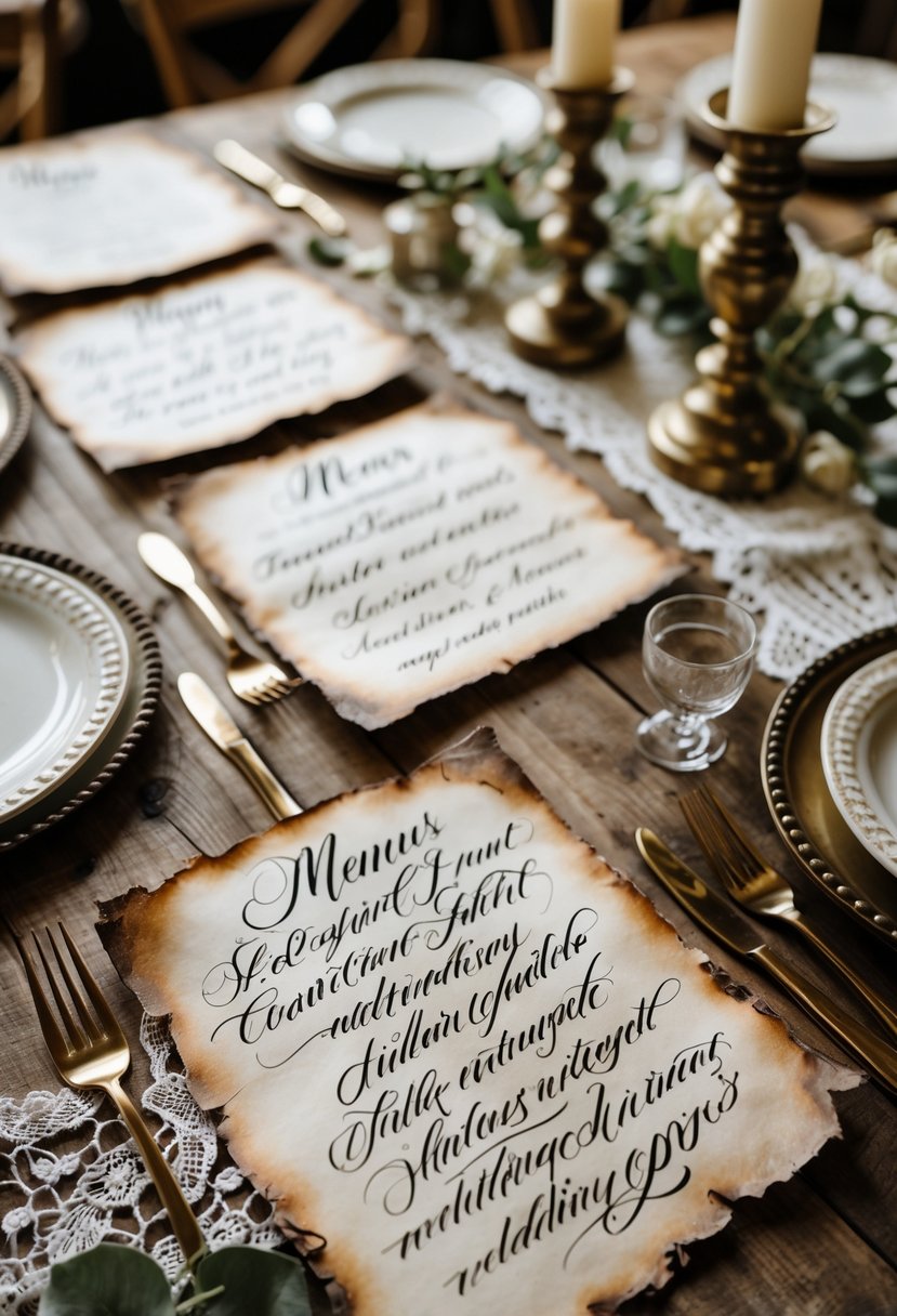 Several handwritten calligraphy menus on parchment paper arranged on a rustic wooden wedding table with vintage décor and candle holders, without any flowers.