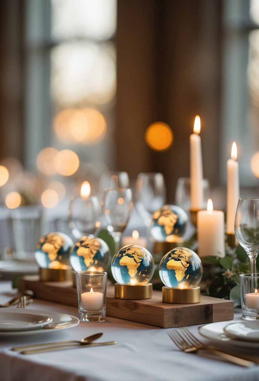 A wedding table with small globe centerpieces surrounded by candles and glassware, creating a warm and intimate setting.