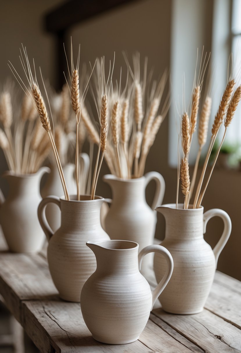 Several neutral-colored ceramic pitchers filled with dried wheat stalks arranged on a wooden table.