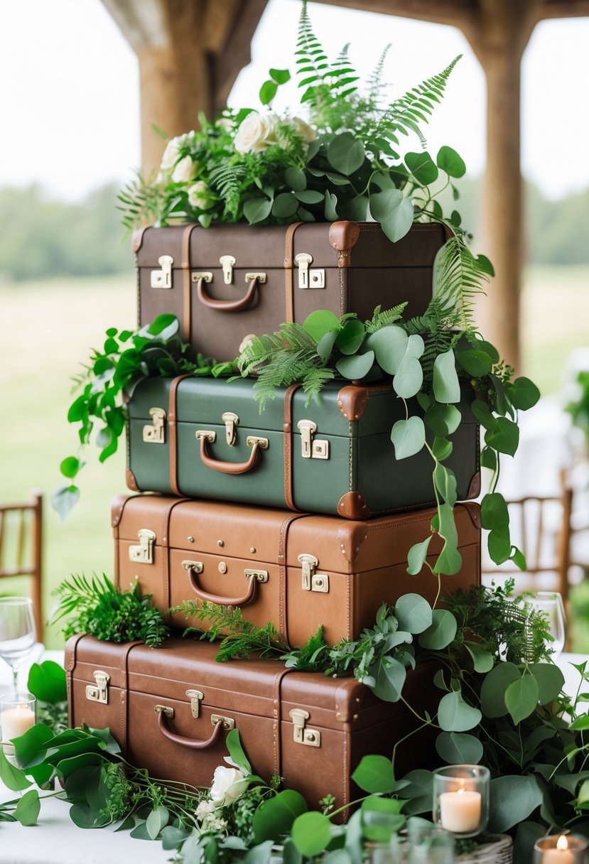 Stacked vintage suitcases decorated with green leaves and foliage, arranged as a wedding table centerpiece.