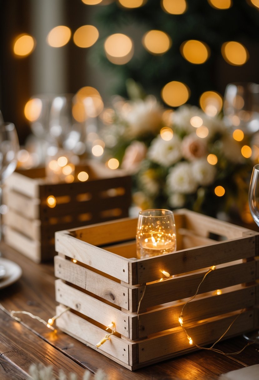 Miniature wooden crates with glowing fairy lights arranged on a wooden table as wedding décor.
