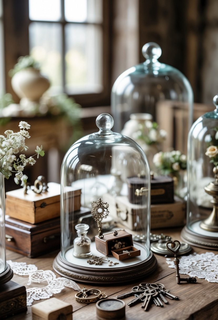 A wooden table with vintage trinkets displayed under clear glass cloches, including old keys, lace, and small ornate boxes.