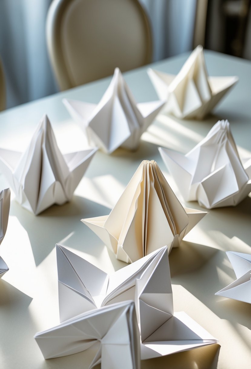 Close-up of folded origami paper decorations arranged on a wedding table.