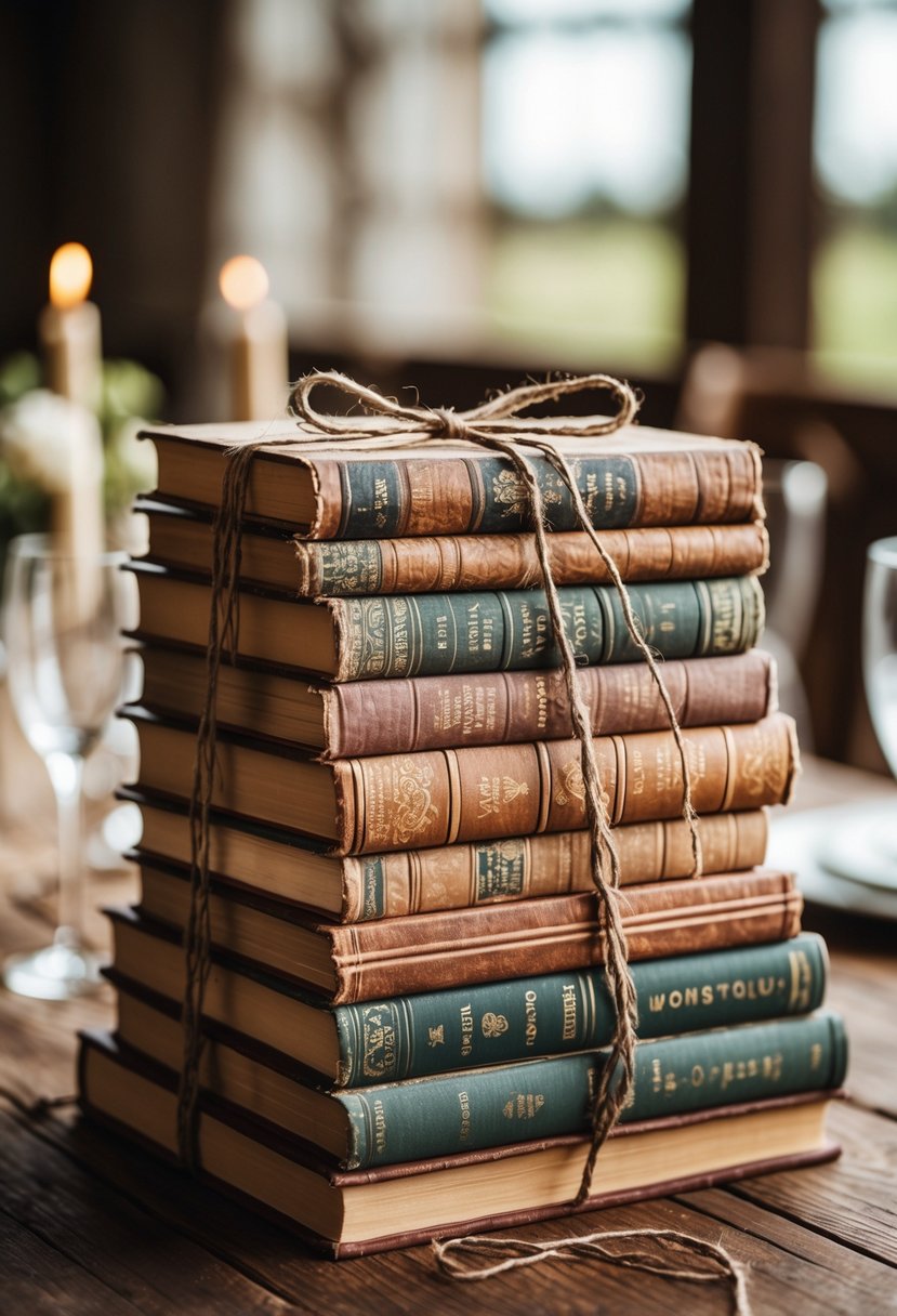 Stack of classic novels tied with twine placed on a wooden table as wedding décor.