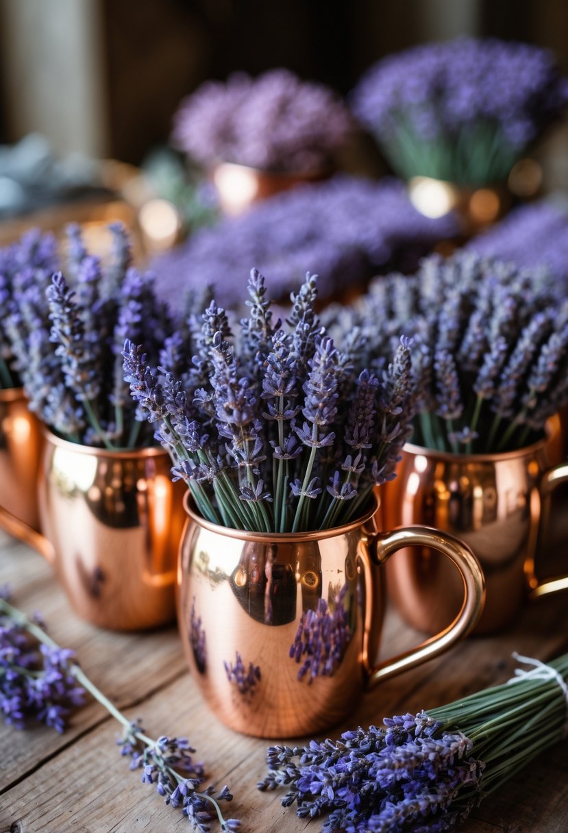 Copper mugs filled with dried lavender arranged on a wooden table.