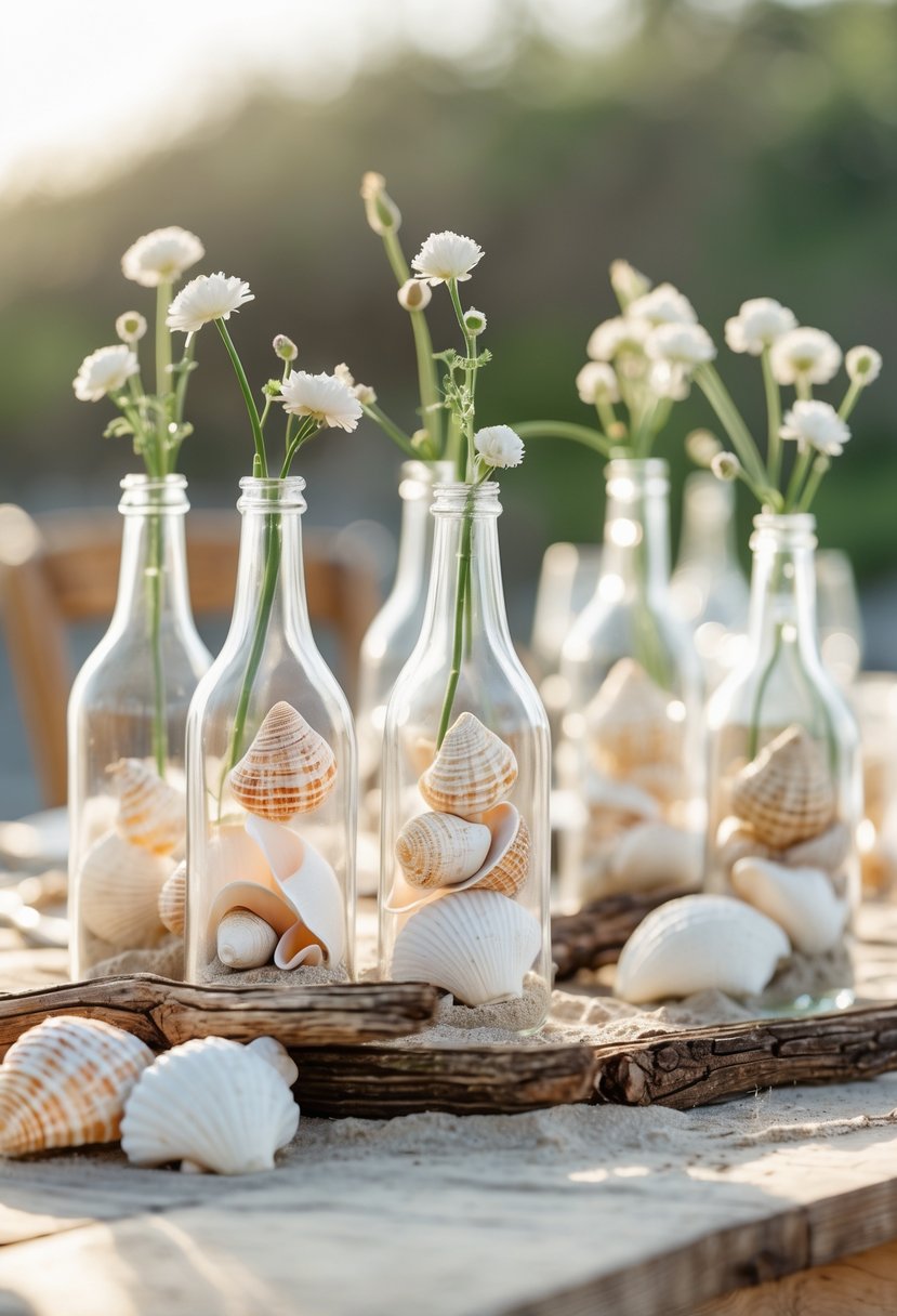 Glass bottles filled with seashells arranged on a wooden wedding table with beach-themed decorations.