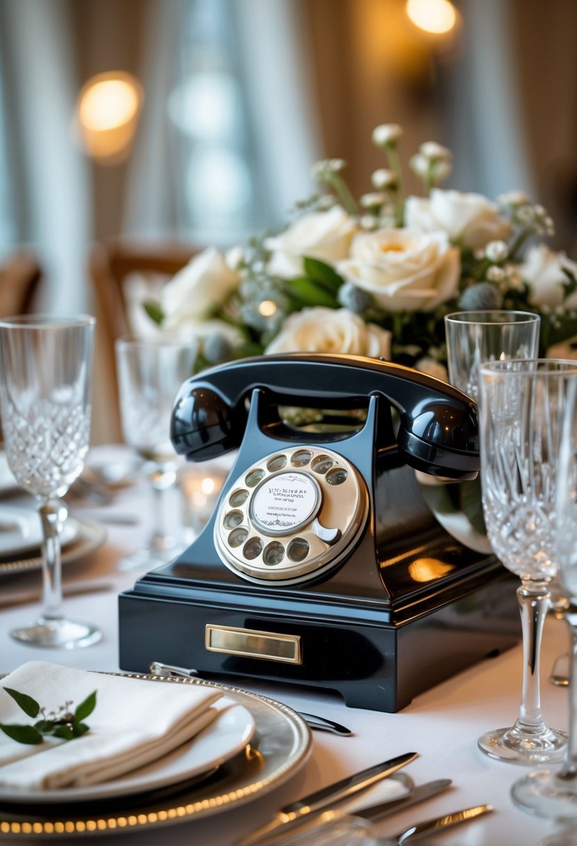 A wedding table decorated with vintage rotary phones, fine tableware, and no flowers.