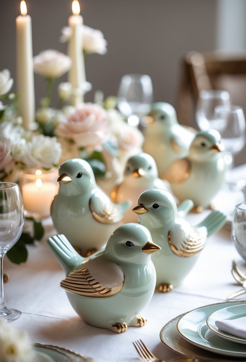Ceramic bird figurines arranged on a wedding table with white linens and tableware.