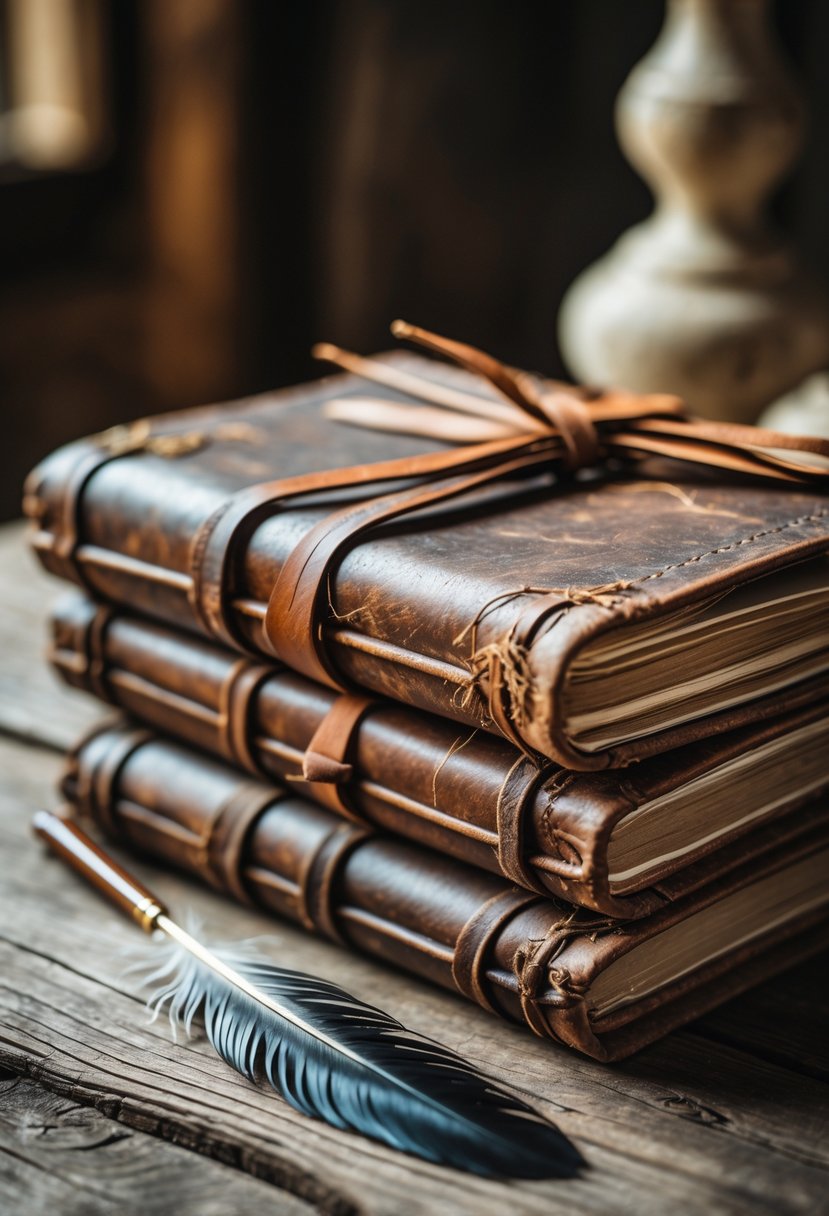 Close-up of worn leather journals stacked on a wooden table with a quill pen resting beside them.