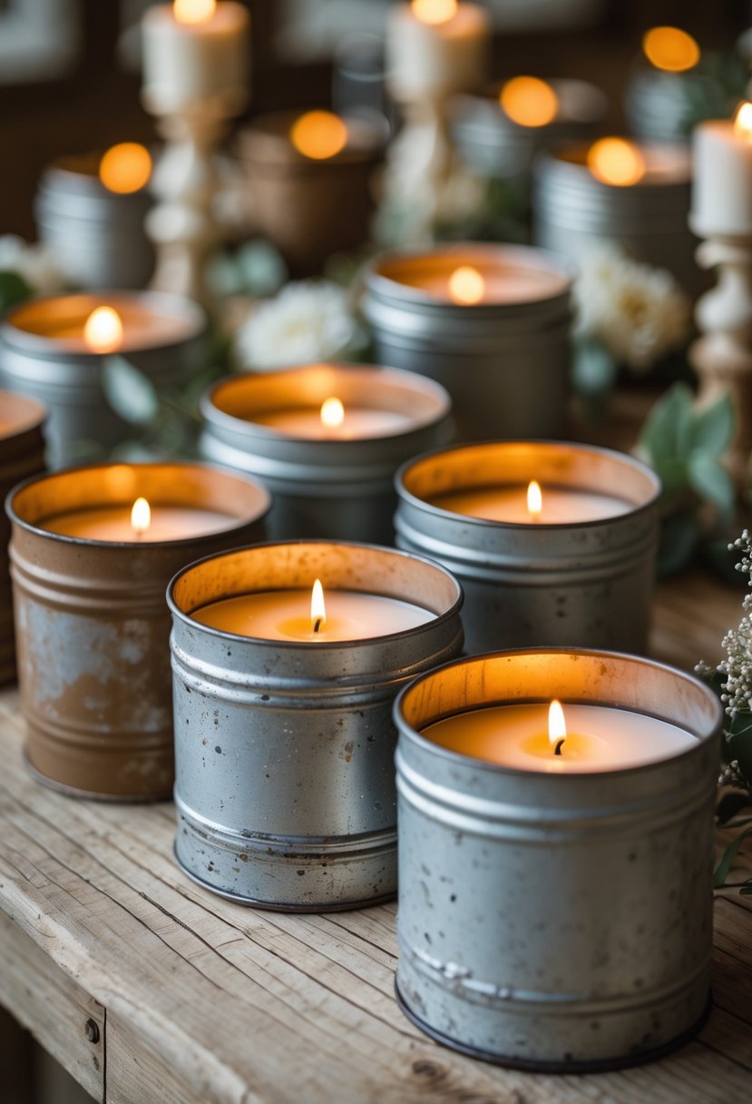 Rustic metal tins holding glowing battery candles arranged on a wooden table as wedding décor.