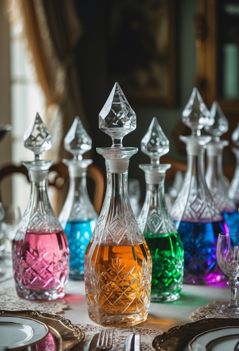 A vintage wedding table with elegant crystal decanters filled with colored water arranged neatly without any flowers.