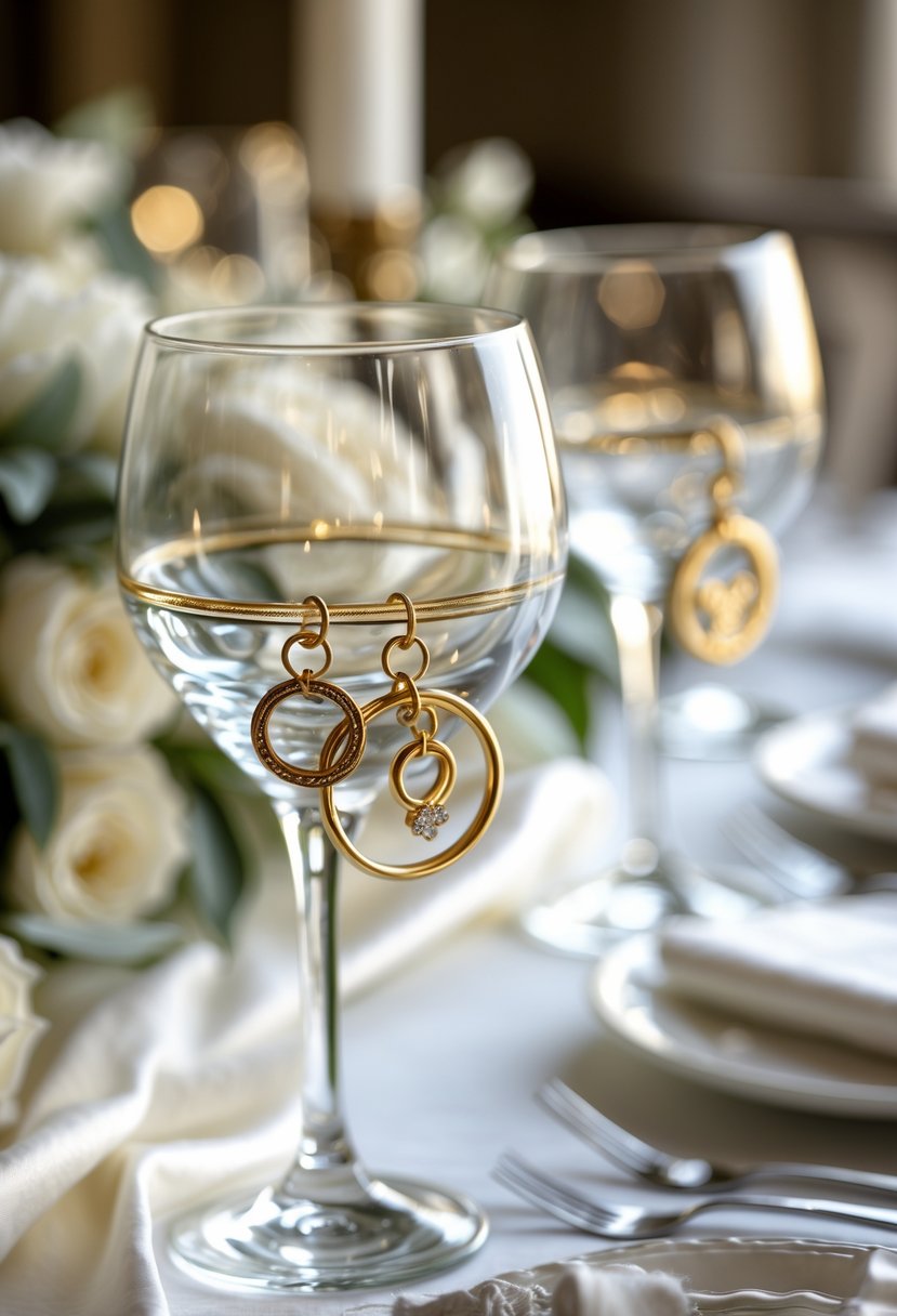 A wedding table with white linens and crystal wine glasses decorated with brass wine charms used as table markers.