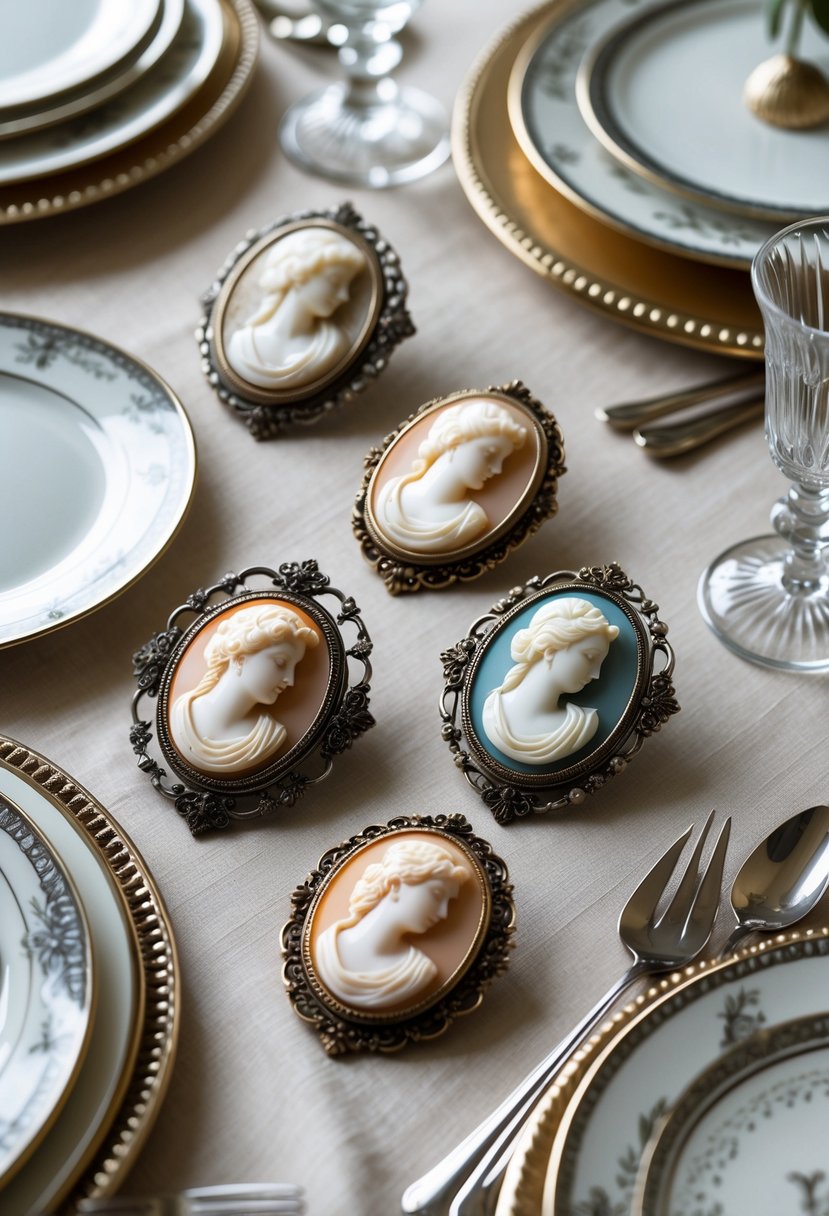 Vintage cameo brooches arranged on a wedding table with plates, glasses, and silverware.