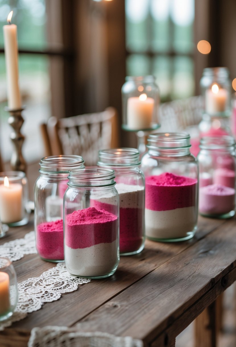 Glass jars filled with layers of colored sand arranged on a wedding table without flowers.
