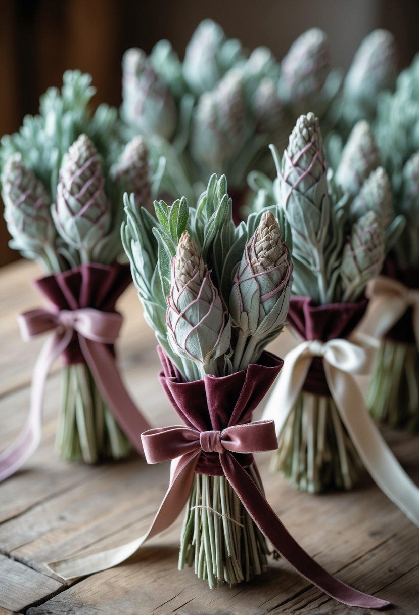 Several dried sage bundles tied with velvet ribbons placed on a wooden table.