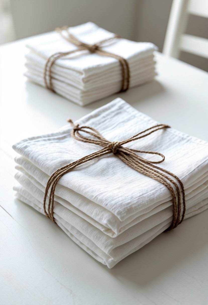 White linen napkins tied with twine placed on a clean table as part of a simple wedding table setting.