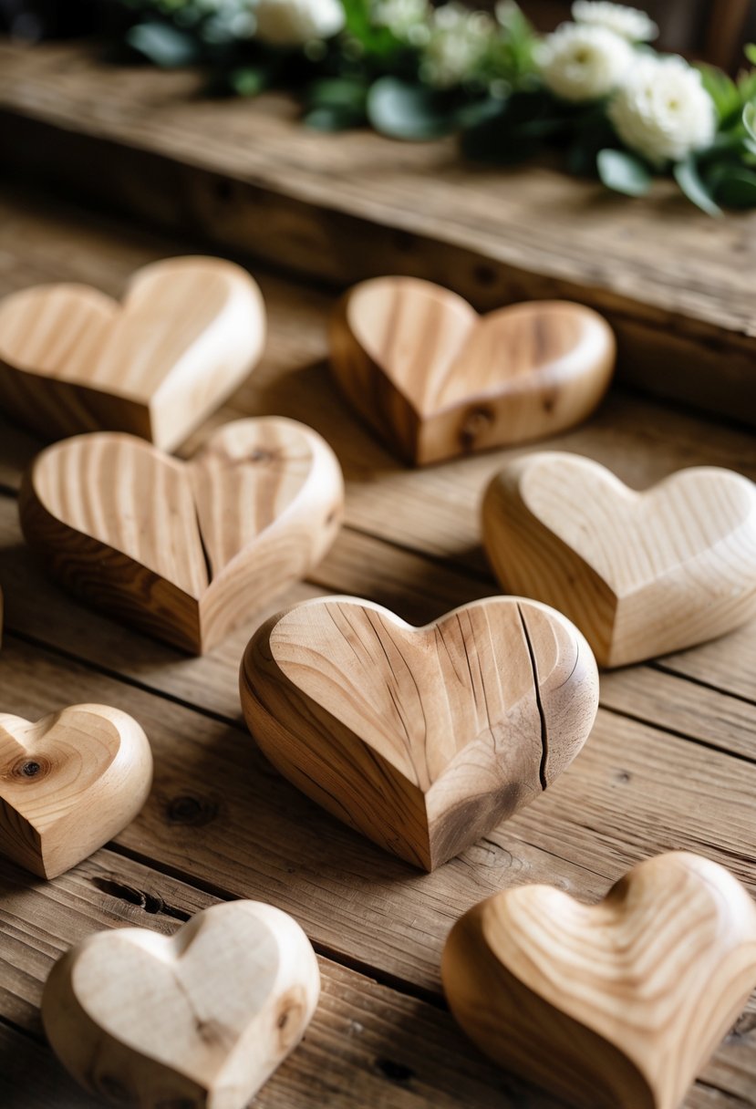 Close-up of hand-carved wooden hearts arranged on a rustic wooden table for wedding décor.