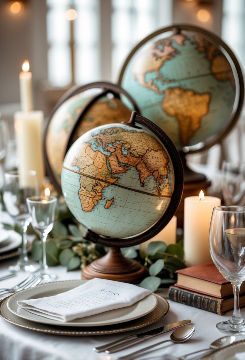 A wedding table with vintage globes as centerpieces, set with plates, silverware, and candles, without any flowers.