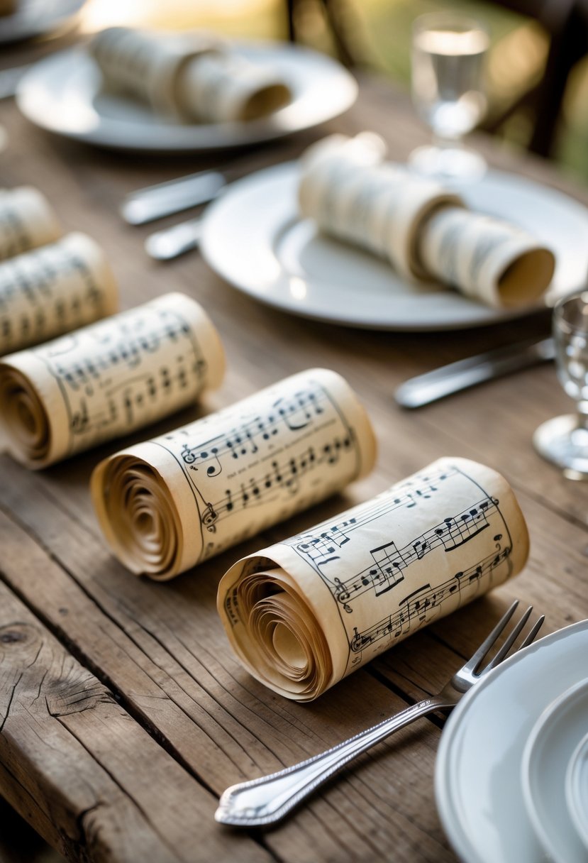 A wedding table set with vintage sheet music rolled into napkin rings on white plates on a wooden table.
