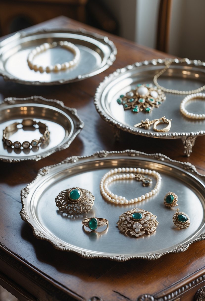 Antique silver trays on a wooden table holding vintage jewelry pieces such as necklaces, brooches, and rings.