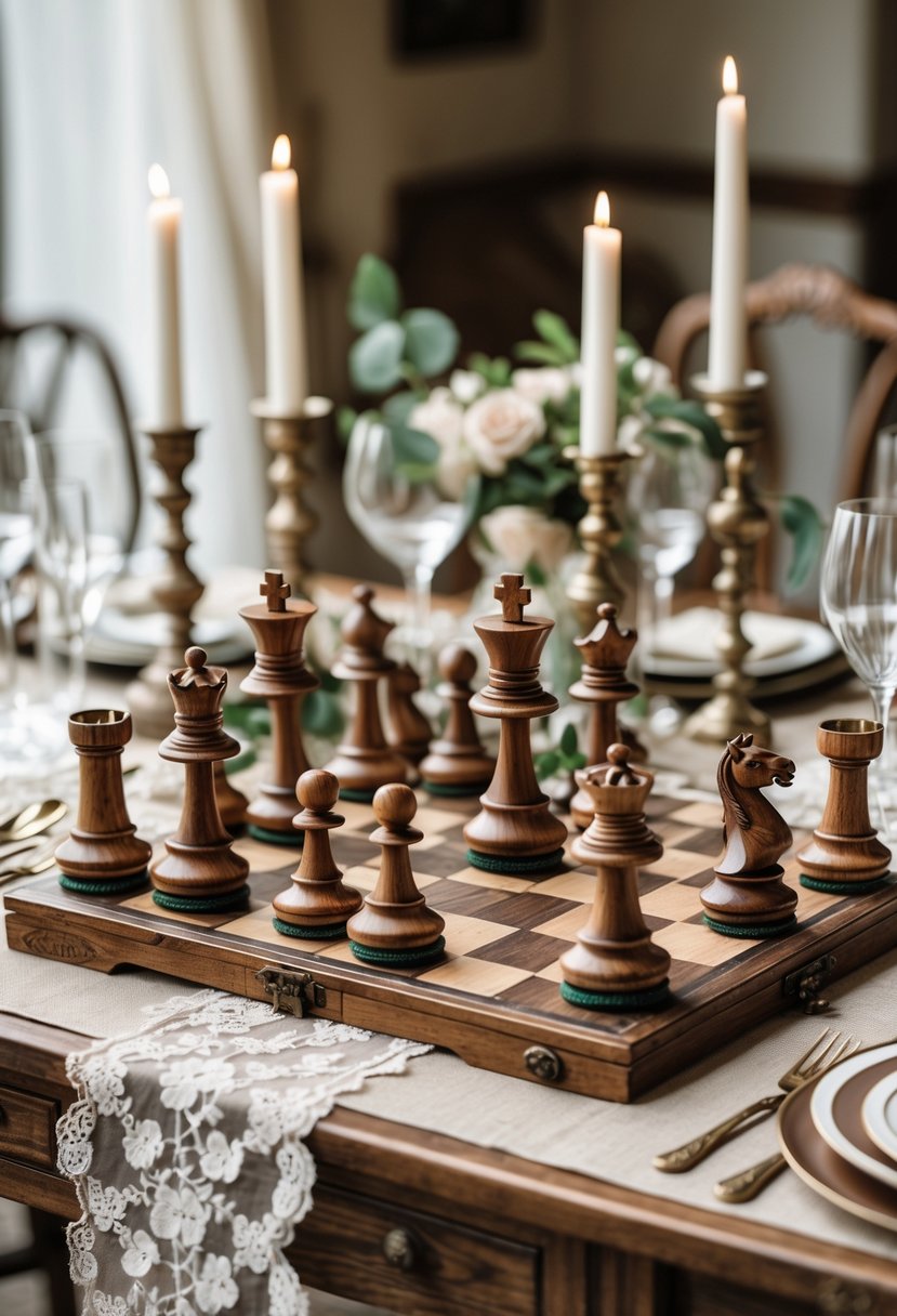 A vintage chess set displayed at the center of a wedding table decorated with antique candlesticks, lace runners, and wooden accents.