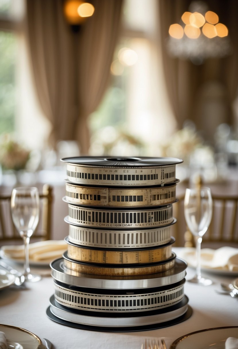 Stacked vintage film reels arranged as a small table used as a wedding décor centerpiece.