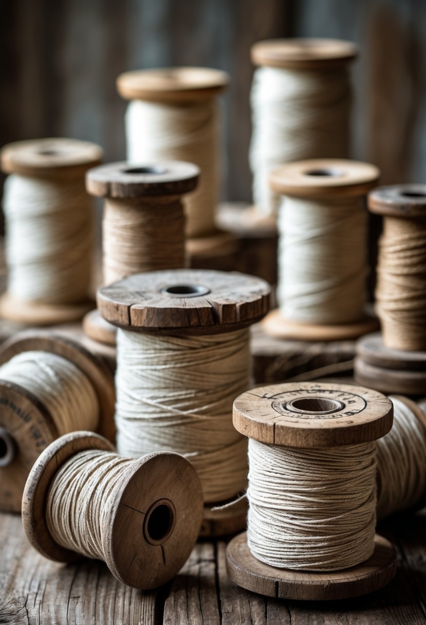 Close-up of aged wooden spools of thread in beige and brown tones arranged on a rustic wooden surface.