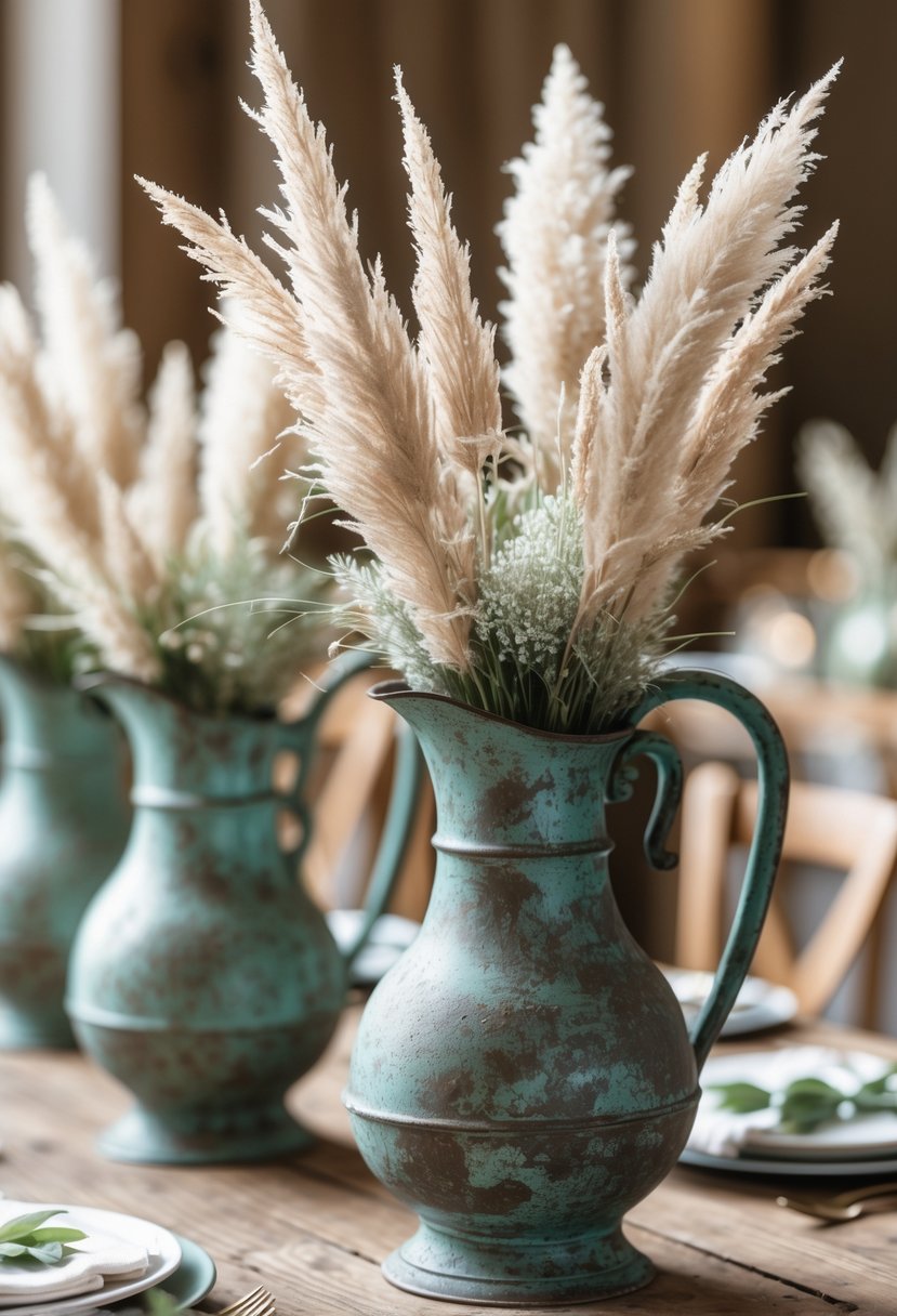 A wooden table with aged metal pitchers holding tall pampas grass arranged as wedding table décor.
