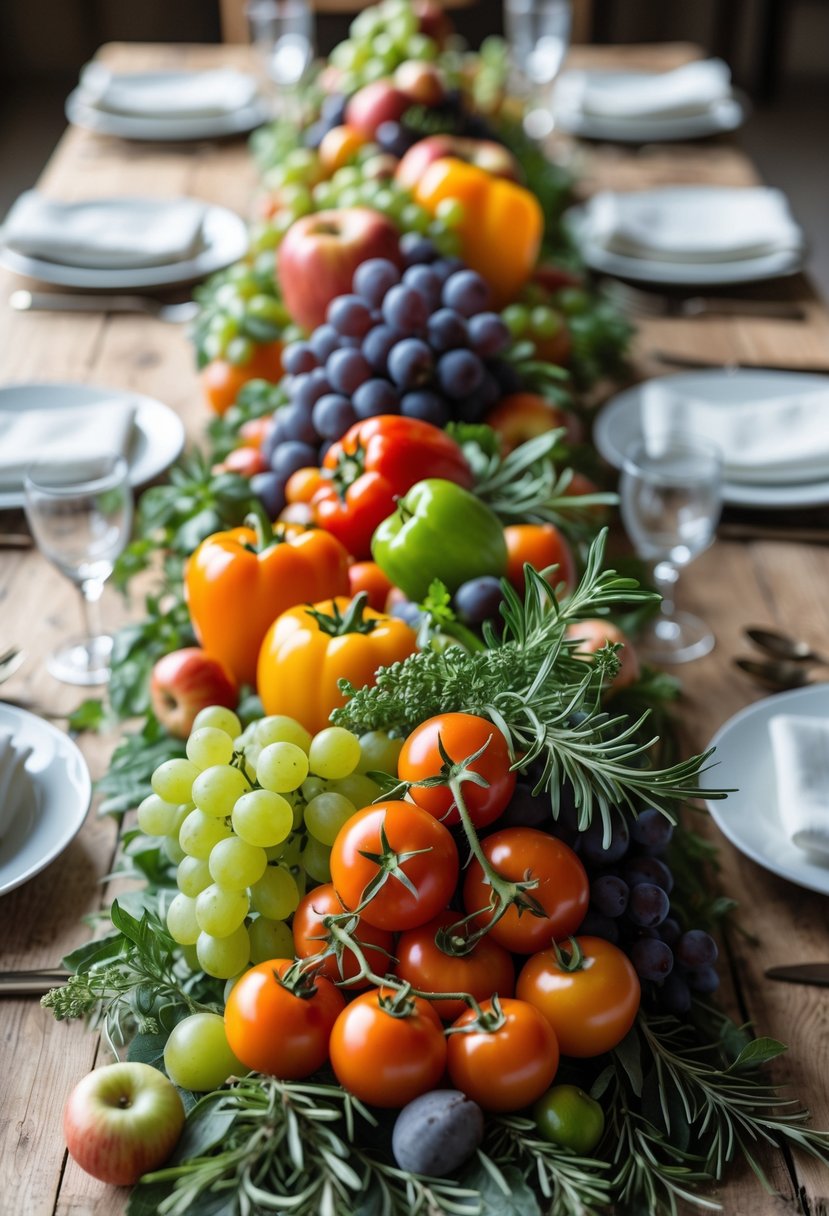 Wedding table decorated with a centerpiece made of fresh fruits and vegetables including grapes, tomatoes, apples, and herbs, set on a wooden table with plates and glassware.