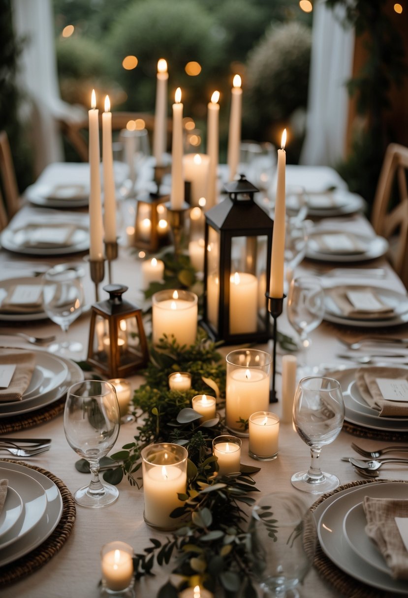 A wedding table decorated with candles and lanterns, set with plates, cutlery, and glassware, without any flowers.