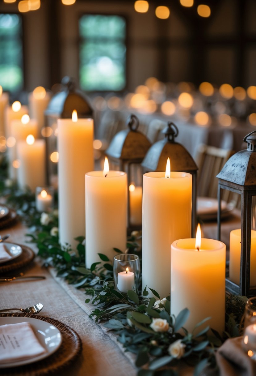 A group of flameless LED candles of different heights arranged on a wedding table alongside rustic lanterns.