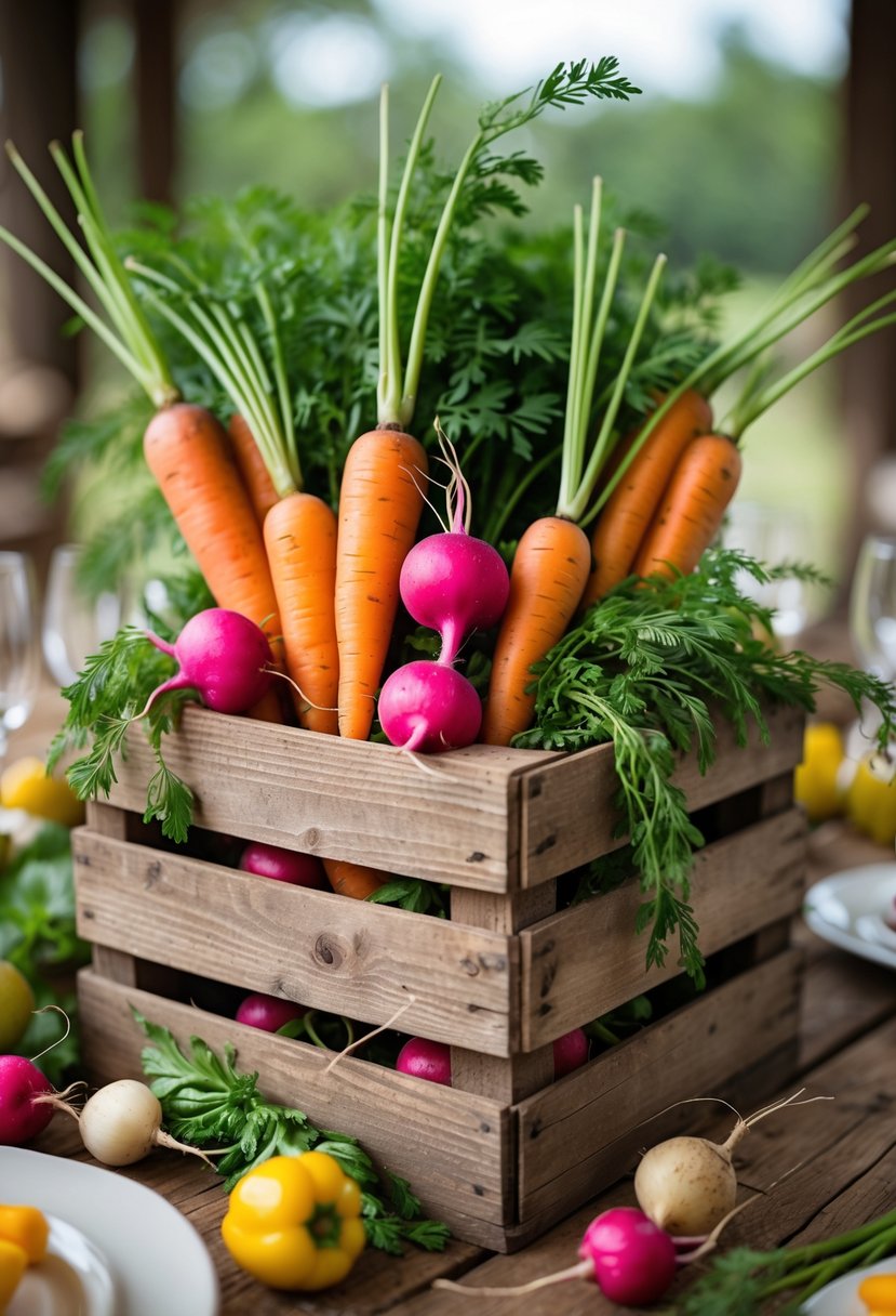 A rustic wooden crate filled with fresh carrots and radishes on a wooden table surrounded by various fruits and vegetables.