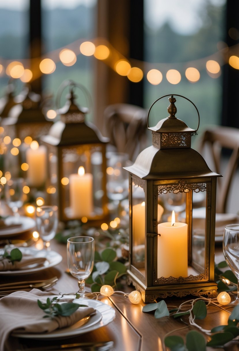 Wedding table decorated with antique brass lanterns and warm fairy lights, creating a cozy and romantic atmosphere without flowers.