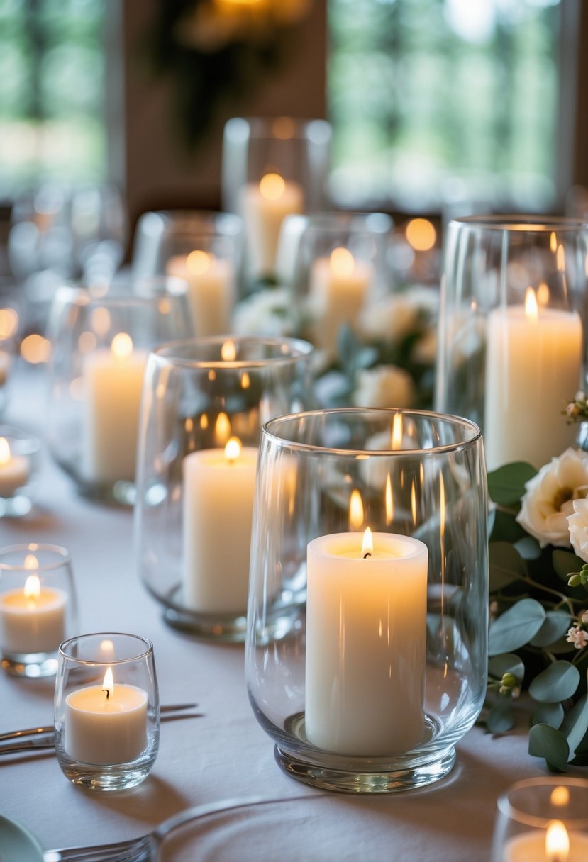 Glass hurricane candle holders with white pillar candles arranged on a wedding table without flowers.