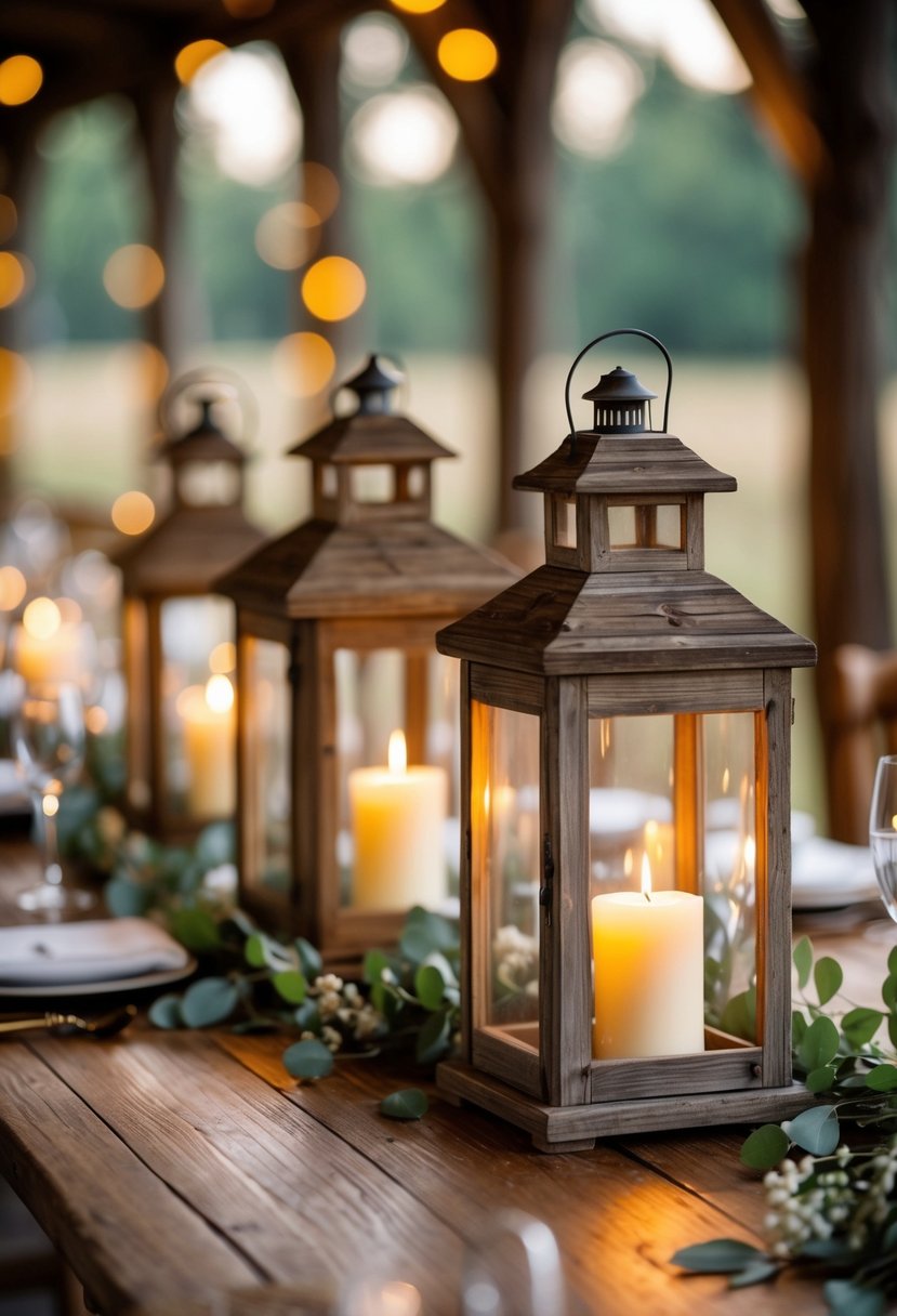 A wedding table decorated with rustic wooden lanterns containing lit vintage-style candles, with no flowers visible.