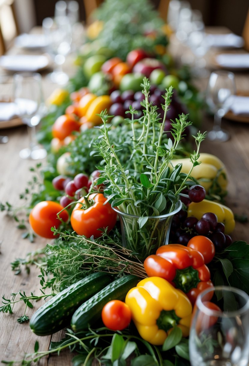 A close-up of a wedding table centerpiece with fresh thyme, baby cucumbers, and an assortment of fruits and vegetables arranged together.